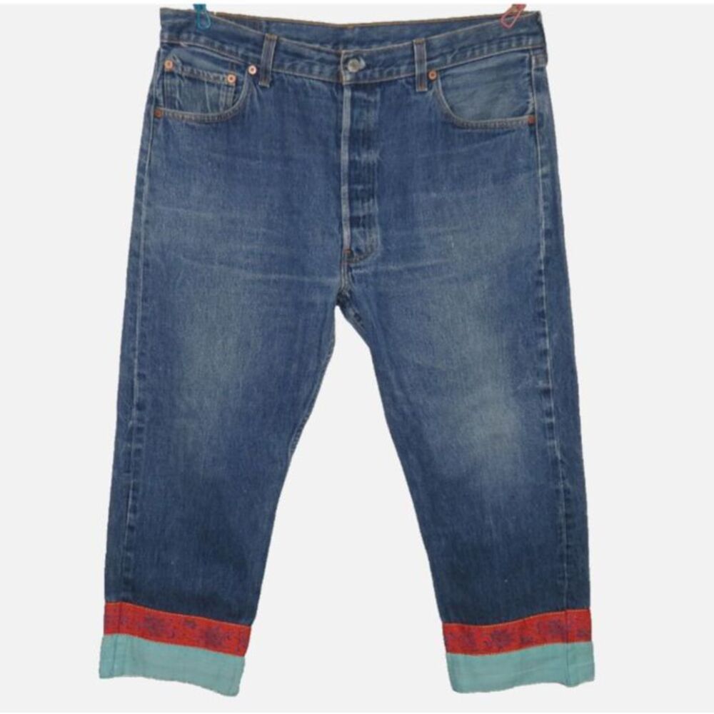 Vintage Levi's 501 Button Fly Custom Ankle Trim Artsy Cropped Jeans Size 38